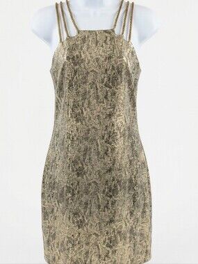 611. Double Zero Metallic Snake Skin Grid Mini Dress Gold Chain Straps Medium